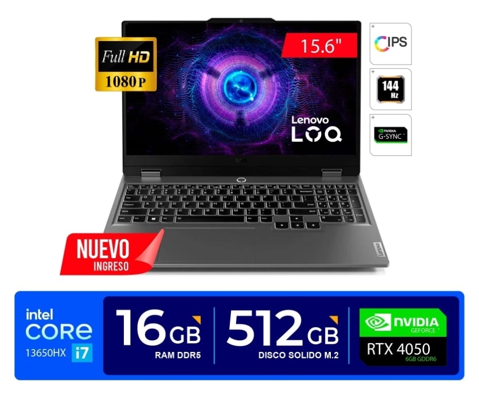 Gamer Lenovo LOQ 15IRX9, Core I7-13650HX 2.6 - 4.9GHz, 16GB DDR5, 512GB SSD, 15.6 FHD IPS 144Hz, Nvidia RTX 4050 6GB, WiFi, Bluetooth, Webcam, FreeDOS, Luna Grey, Teclado Español